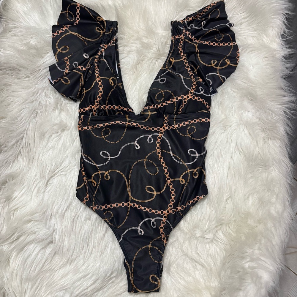 Black One-Piece Swimsuit with Chain Print – Size XL (Used)